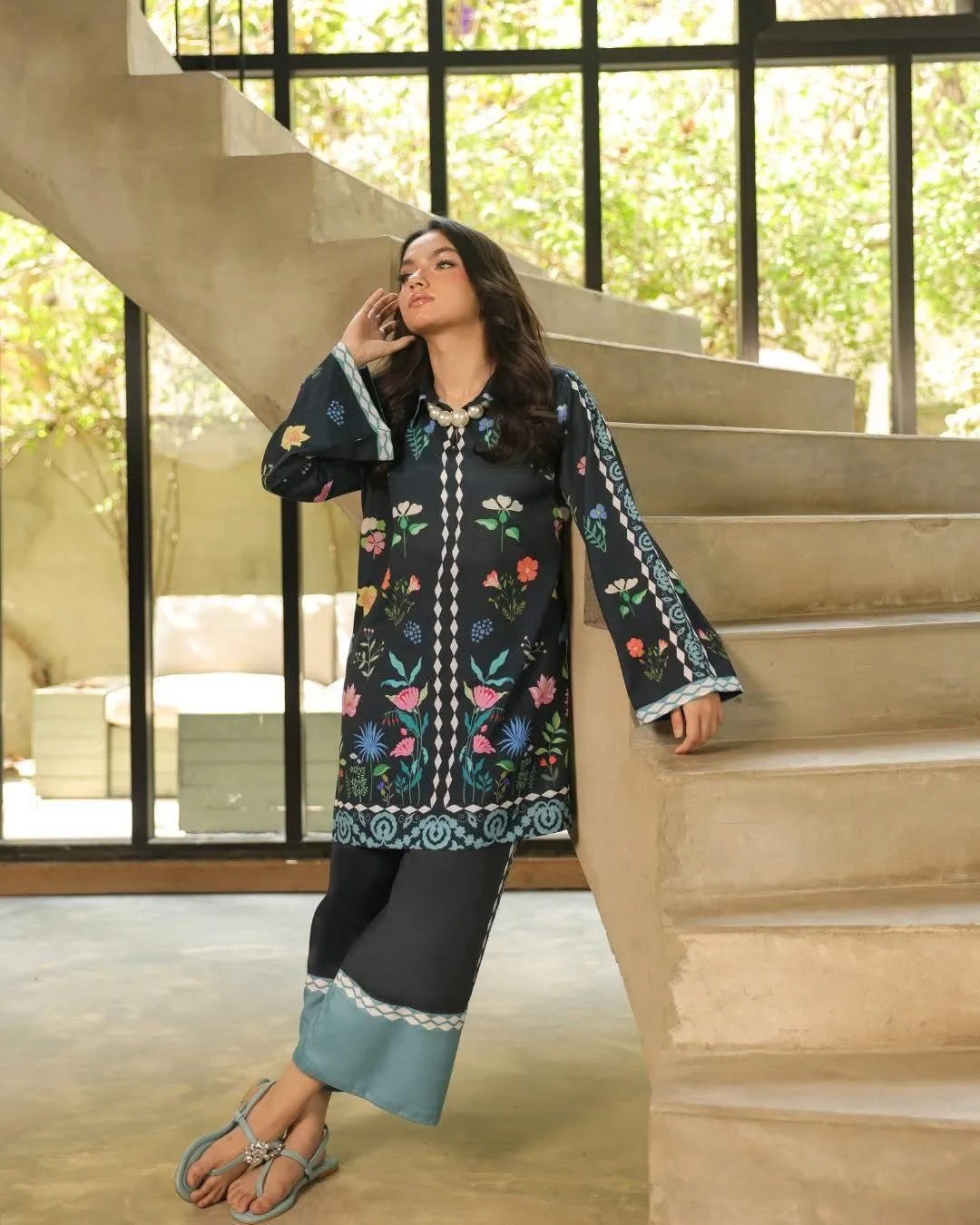 2 Pcs Women's Stitched Swiss Lawn Printed Shirt And Trouser - Gullena