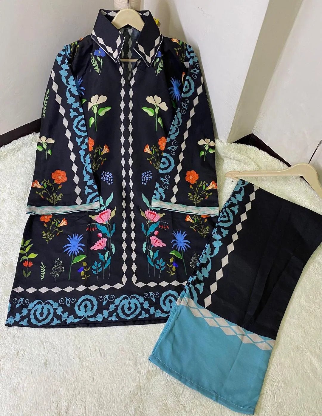 2 Pcs Women's Stitched Swiss Lawn Printed Shirt And Trouser - Gullena