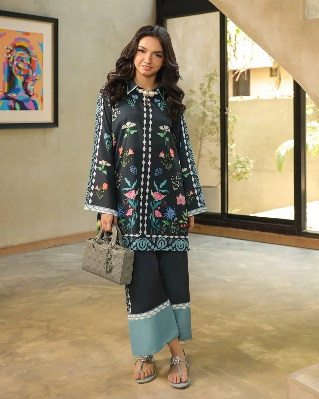 2 Pcs Women's Stitched Swiss Lawn Printed Shirt And Trouser - Gullena