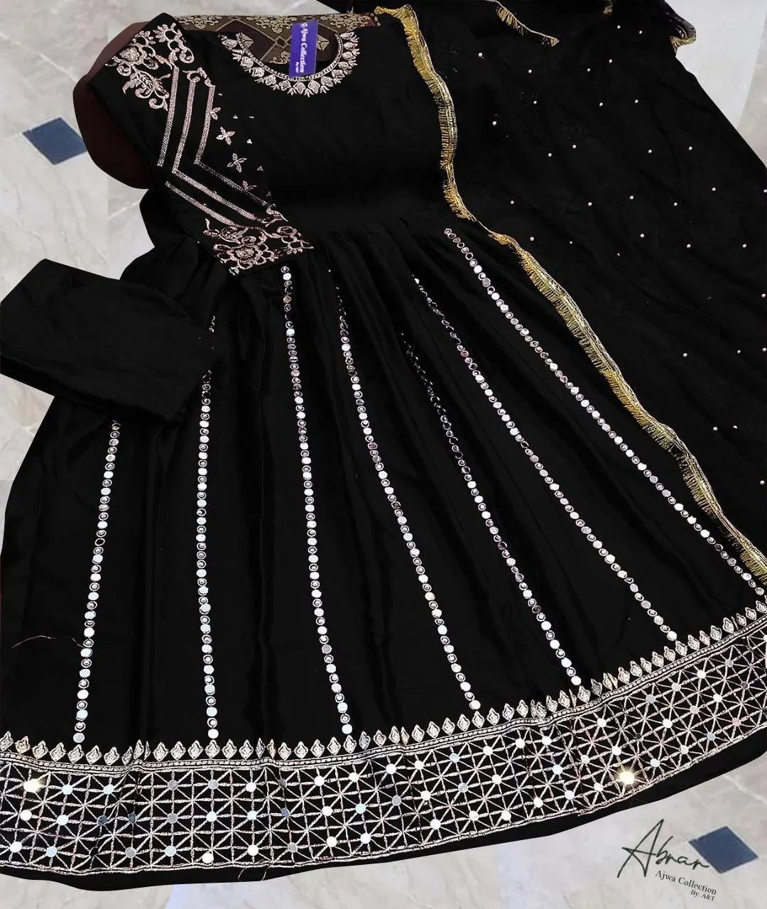 3 Pcs Women's Stitched Shamoz Silk Mirror Work Maxi Suit - Gullena